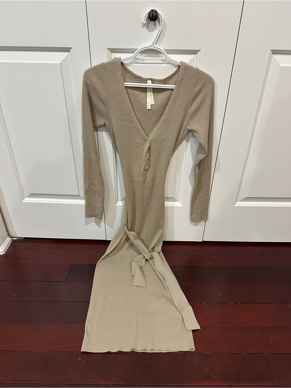 The Group Babaton Ribbed V-Neck Long Sleeve Waist Tie Dress - Beige